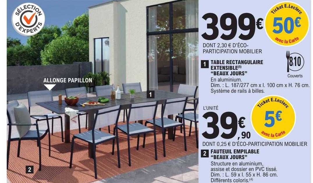 table rectangulaire extensible "beaux jours", fauteuil empilable "beaux jours"