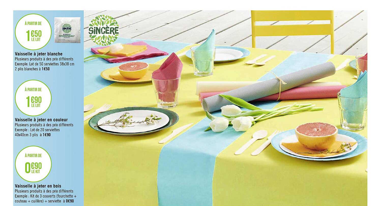vaisselle à jeter blanche sincère, vaisselle à jeter en couleur sincère, vaisselle à jeter en bois sincère