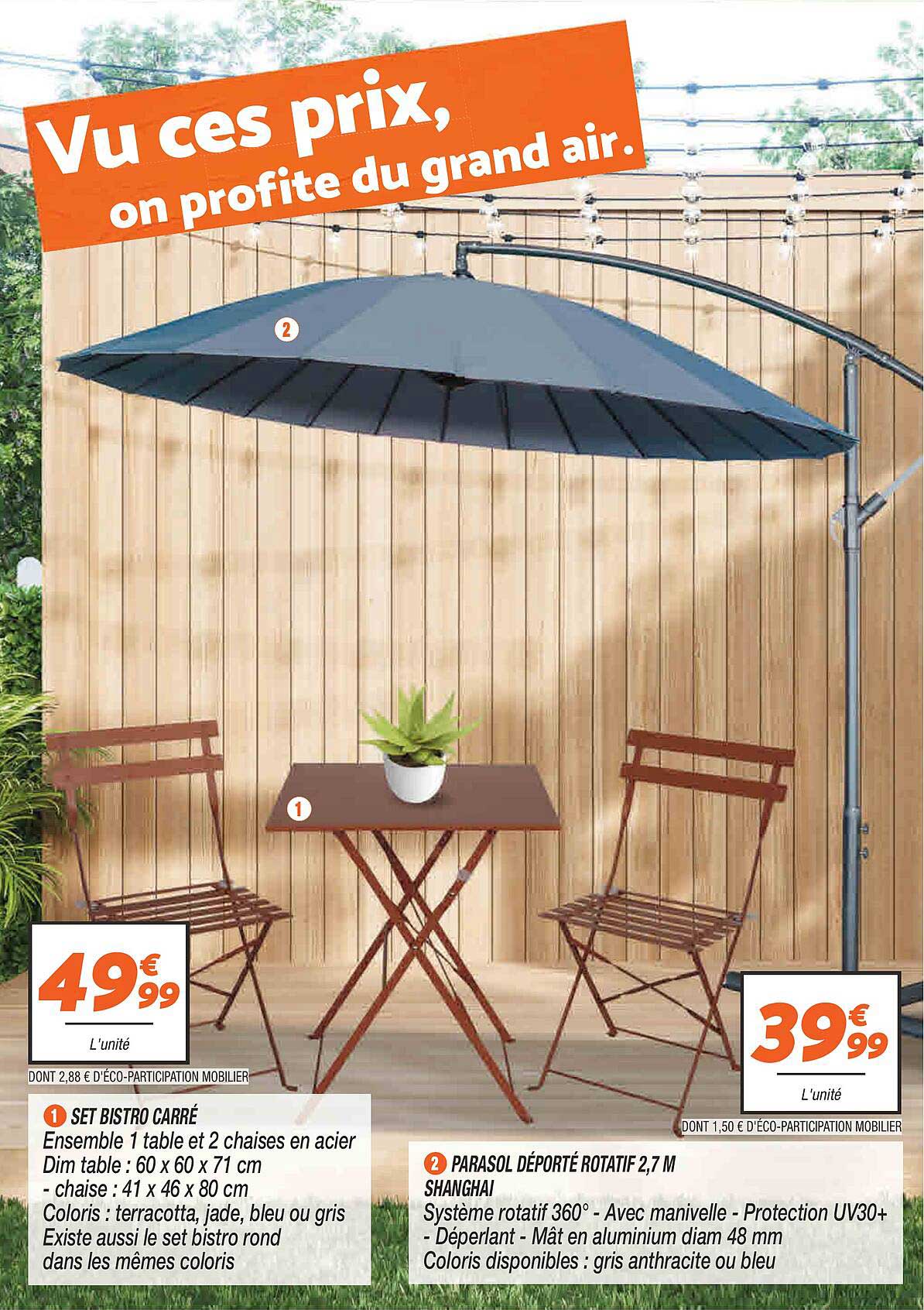 set bistro carré, parasol déporté rotatif 2,7 m shanghai