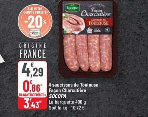 4 saucisses de toulouse façon charcutière socopa