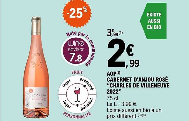 aop cabernet d'anjou rosé charles de villeneuve 2022 -25%