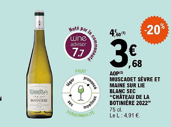 aop muscadet sèvre et maine sur lie blanc sec château de la botinière 2022 -20%
