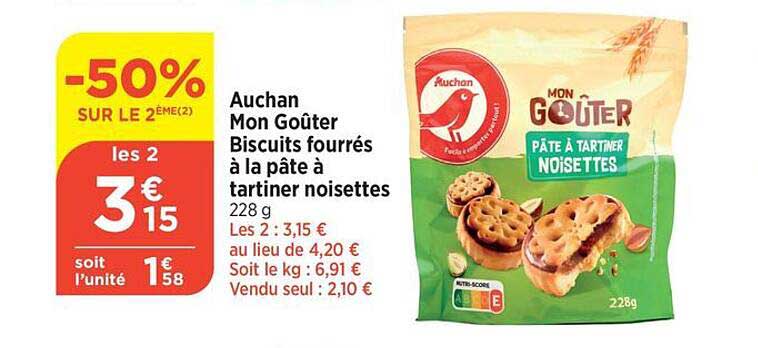auchan mon goûter biscuits fourrés à la pâte à tartiner noisettes
