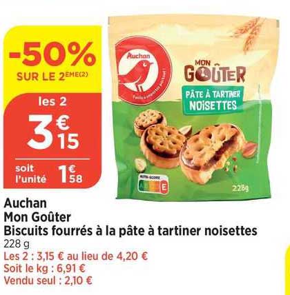 auchan mon goûter biscuits fourrés à la pâte à tartiner noisettes