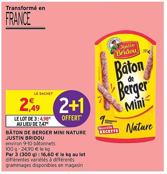 bâton de berger mini nature justin bridou 2+1 offert