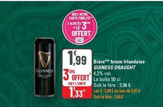 bière brune irlandaise guiness draught le 3e offert