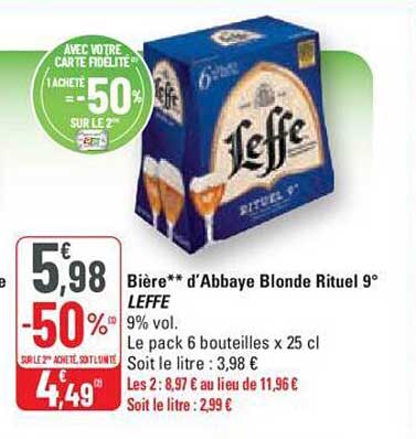 bière d'abbaye blonde rituel 9° leffe -50% sur le 2e