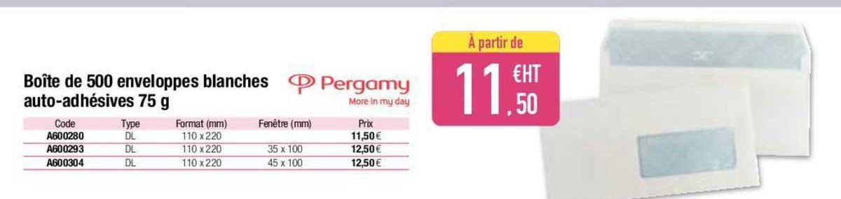 boîte de 500 enveloppes blanches auto-adhésives 75 g pergamy