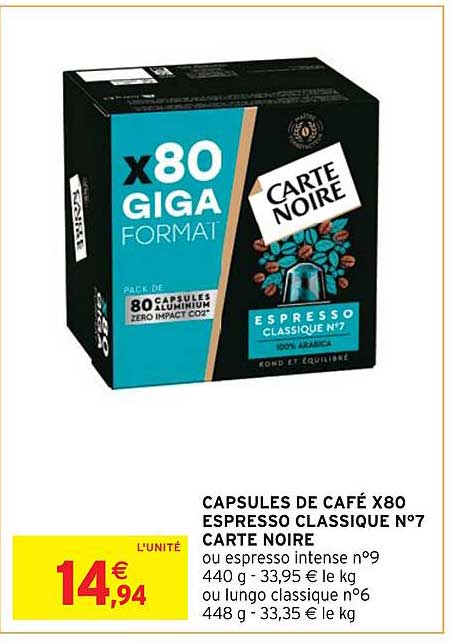 Capsules De Café X 80 Espresso Classique N°7 Carte Noire