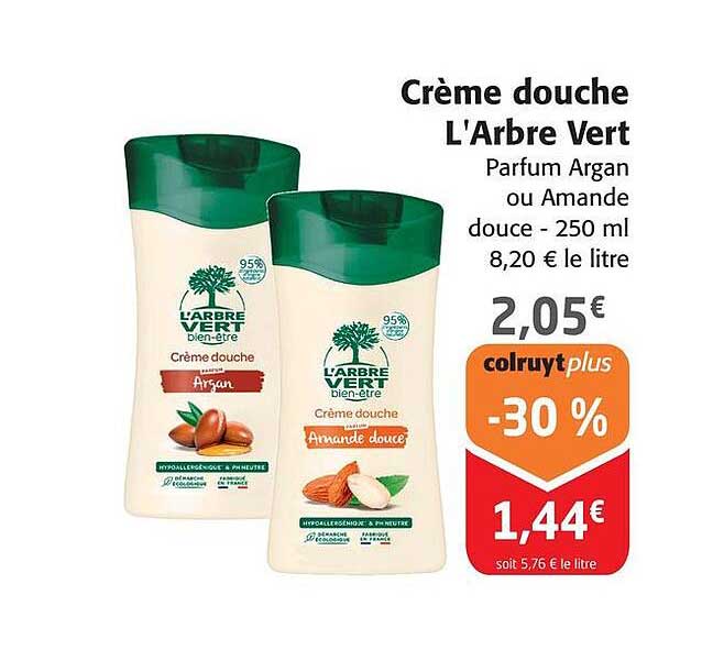 crème douche l'arbre vert parfum argan  ou amande douce - 250 ml
