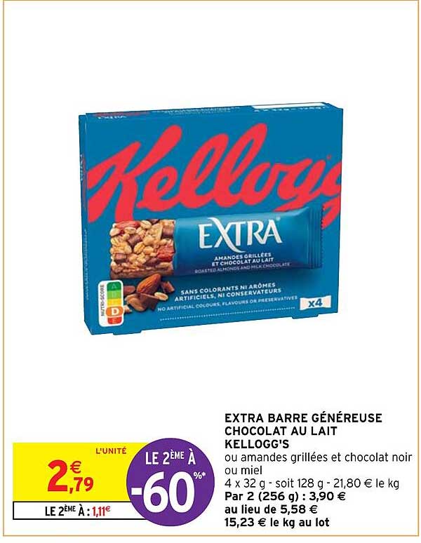 extra barre généreuse chocolat au lait kellogg's