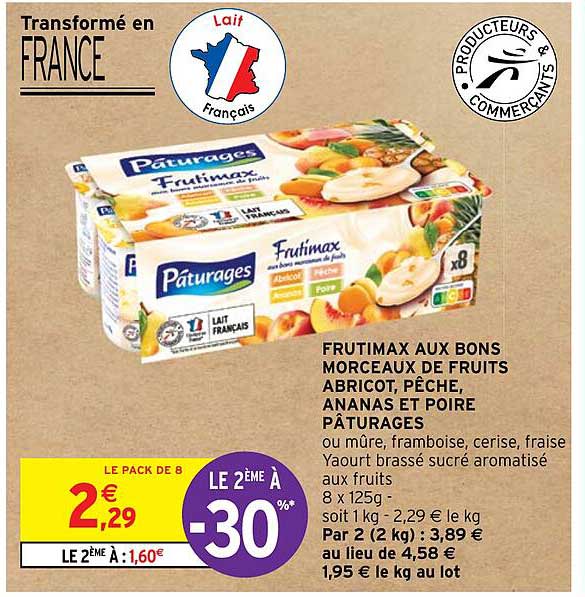 frutimax aux bons morceaux de fruit abricot, pêhce, ananas et poire pâturages