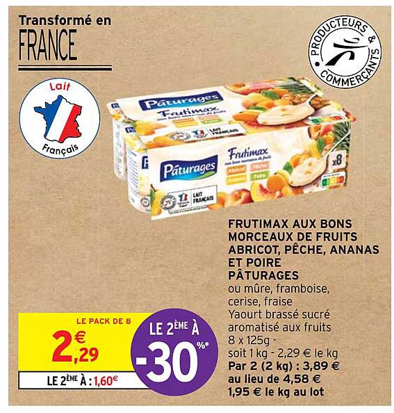 frutimax aux bons morceaux de fruits abricot, pêche, ananas et poire pâturages