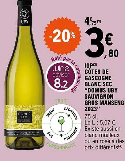 igp côtes de gascogne blanc sec "domus uby sauvignon gros manseng 2023"