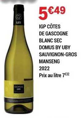 igp côtes de gascogne blanc sec domus by uby sauvignon-gros manseng 2022