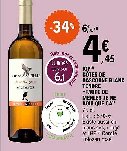 igp côtes du gascogne blanc tendre "faute de merles je ne bois que ca"  -34%