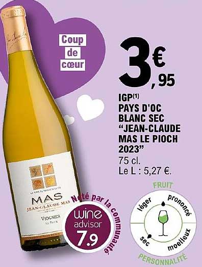 igp pays d'oc blanc sec "jean-claude mas le pioch 2023"