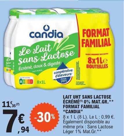 lait uht sans lactose écrémé 0% mat.gr. format familial "candia"