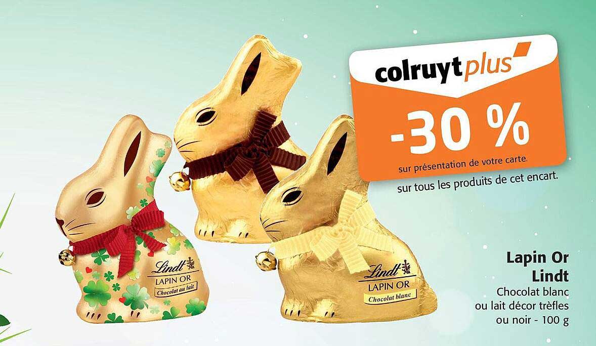 Lapin Or Lindt Chocolat Blanc Ou Lait Décor Trèfles Ou Noir  - 100 G