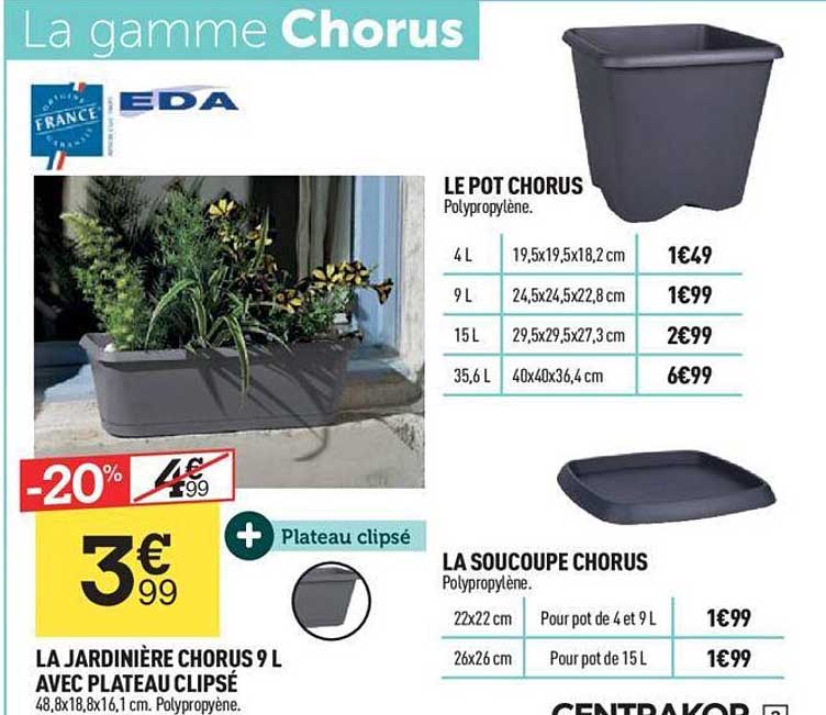 le pot chorus la soucoupe chorus la jardinière chorus 9l avec plateau clipsé