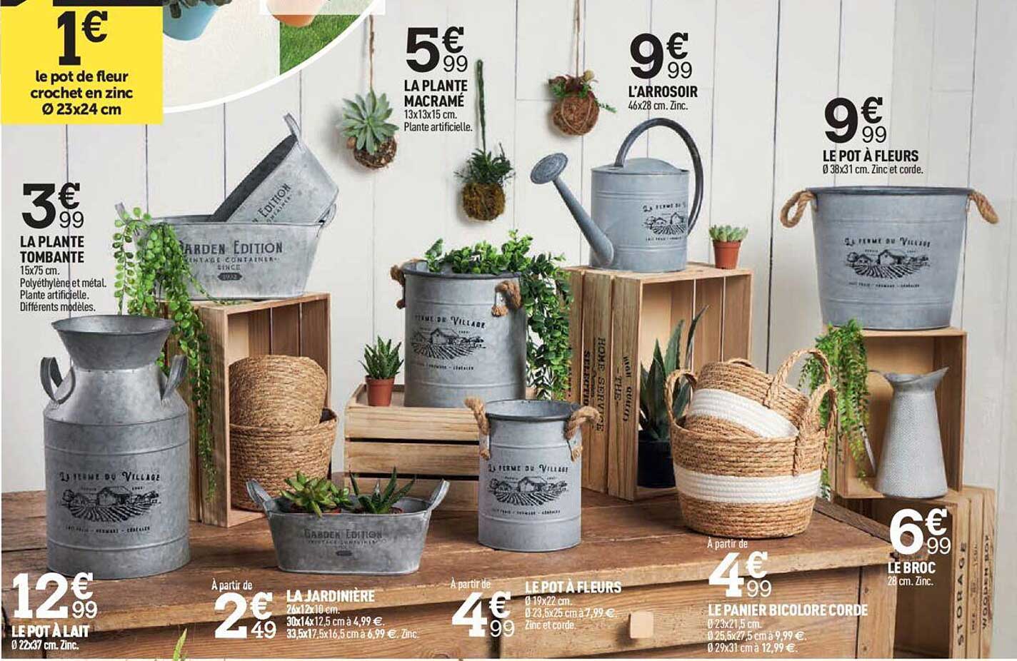 le pot de fleur crochet en zinc ø 23 x 24 cm, la plante tombante, le pot à lait, la jardinière, la plante macramé, le pot à fleurs, l'arrosoir, le panier bicolore corde, le pot à fleurs, le broc