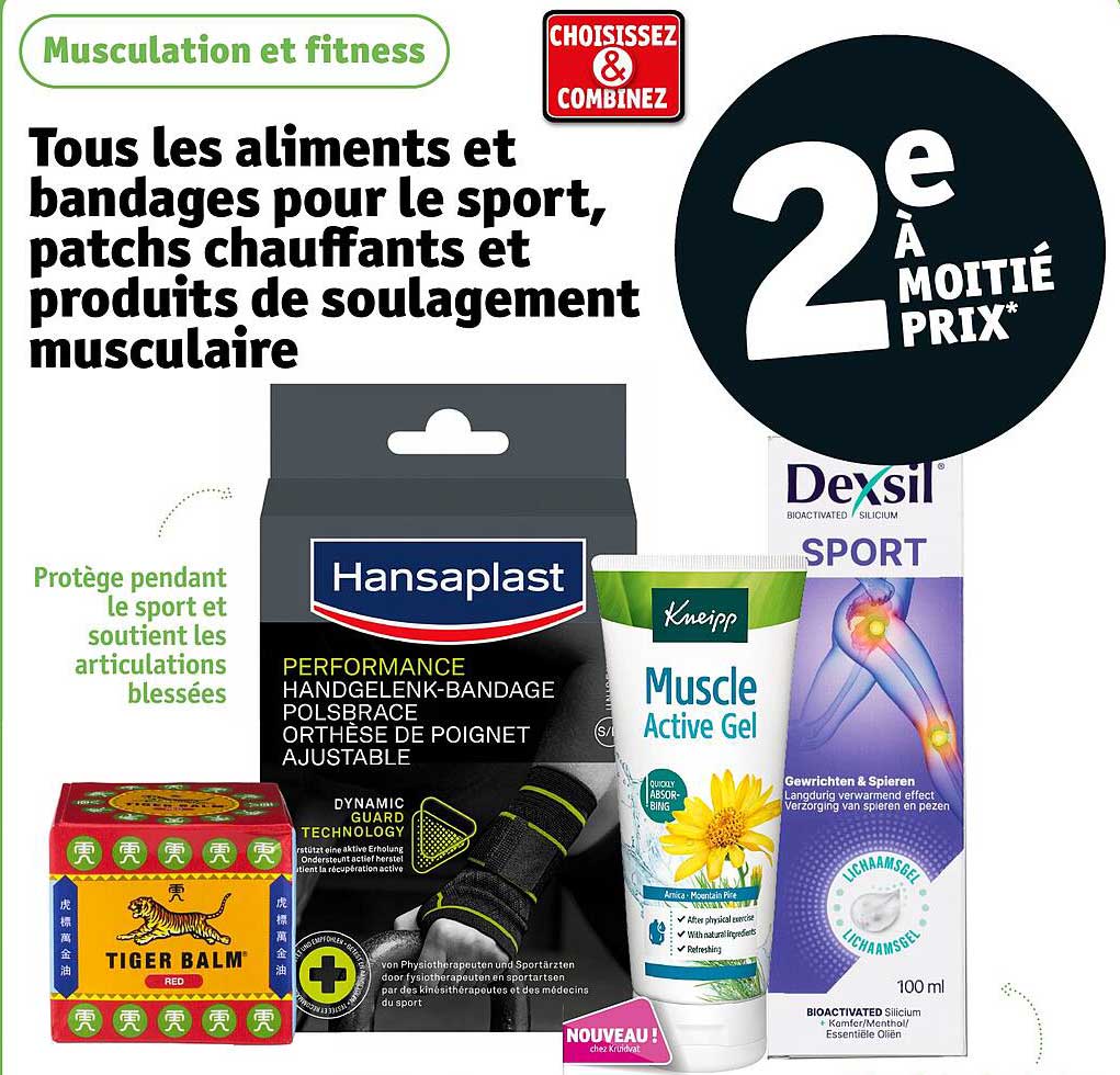 les aliments et bandages pour le sport, patchs chauffants et produits de soulagement musculaire