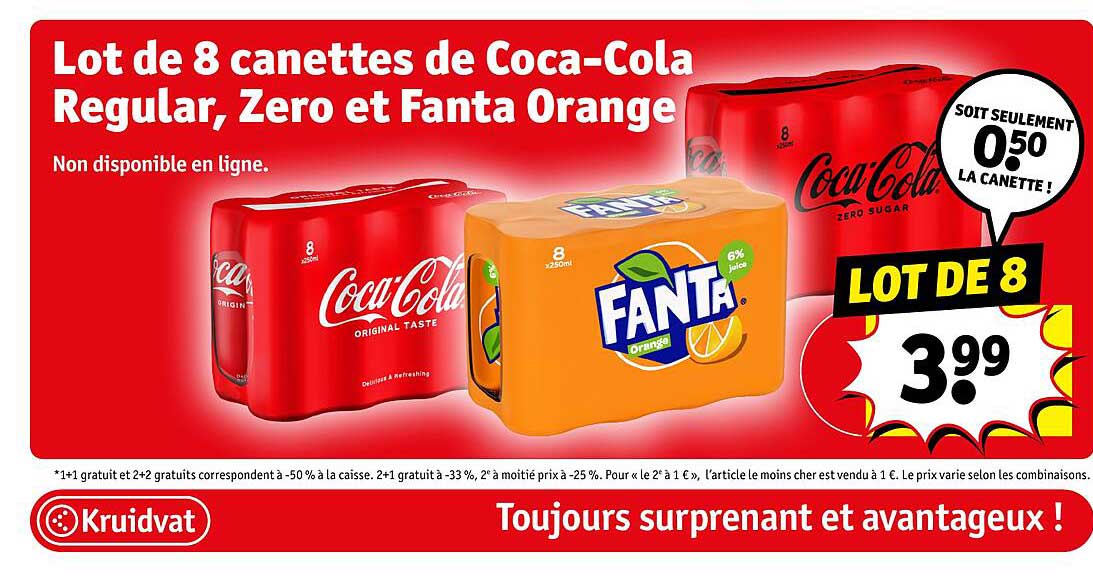 lot de 8 canettes de coca-cola regular, zero et fanta orange