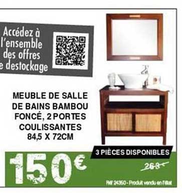 meuble de salle de bains bambou foncé, 2 portes coulissantes 84,5 x 72 cm