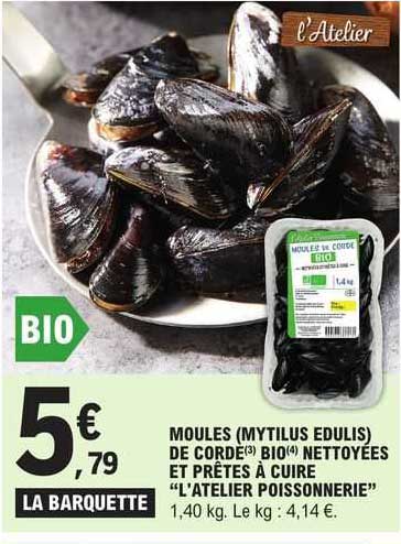 moules (mytilus edulis) de corde bio nettoyées et prêtes à cuire "l'atelier poissonnerie"