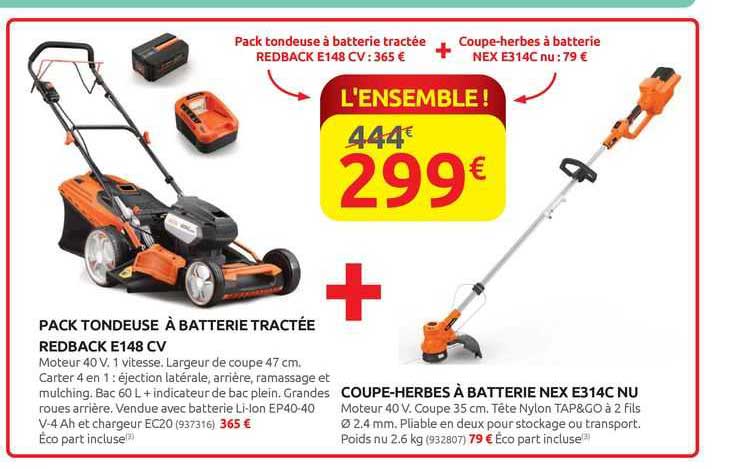 pack tondeuse à batterie tractée redback e148 cv + coupe-herbes à batterie nex e314c nu