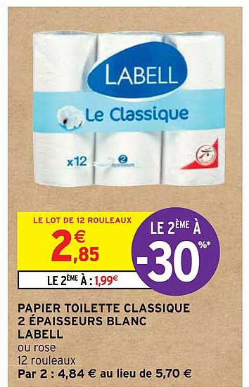 papier toilette classique 2 épaisseurs blanc labell le 2ème à -30%