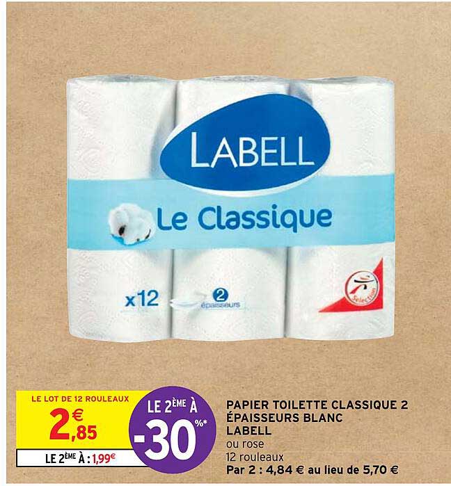 papier toilette classique 2 épaisseurs blanc labell le 2ème à -30%
