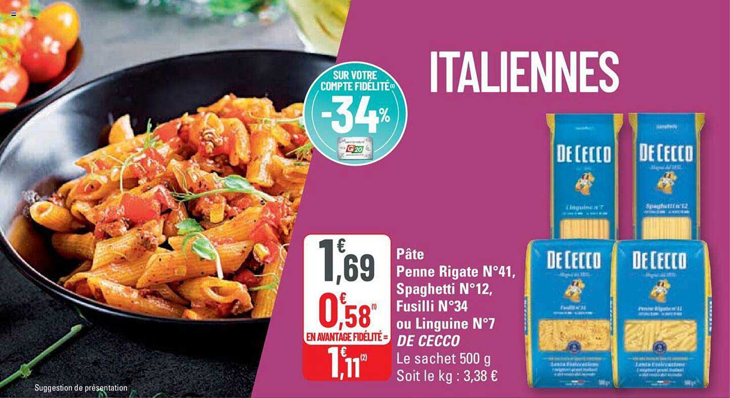 pâte penne rigate n°41, spaghetti n°12, fusilli n°34 ou linguine n°7 de cecco