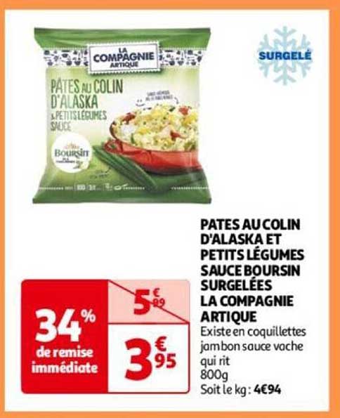 pâtes au colin d'alaska et petits légumes sauce boursin surgelées la compagnie artique