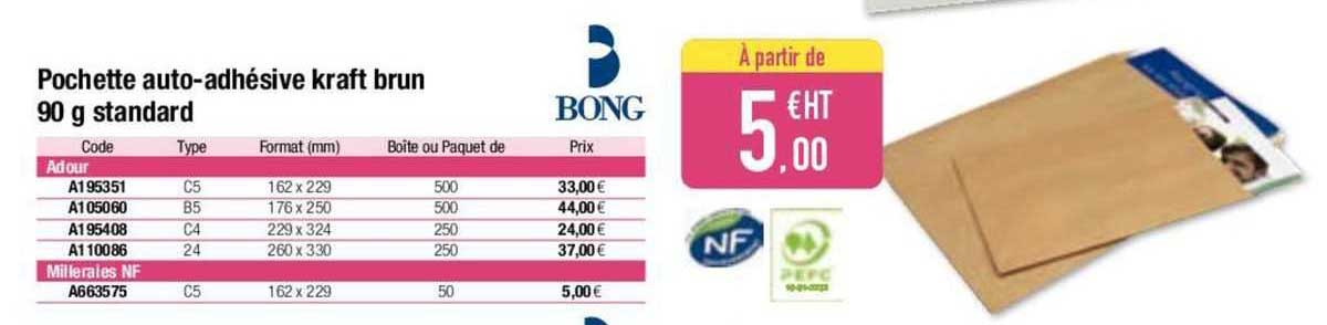 pochette auto-adhésive kraft brun 90 g standard bong