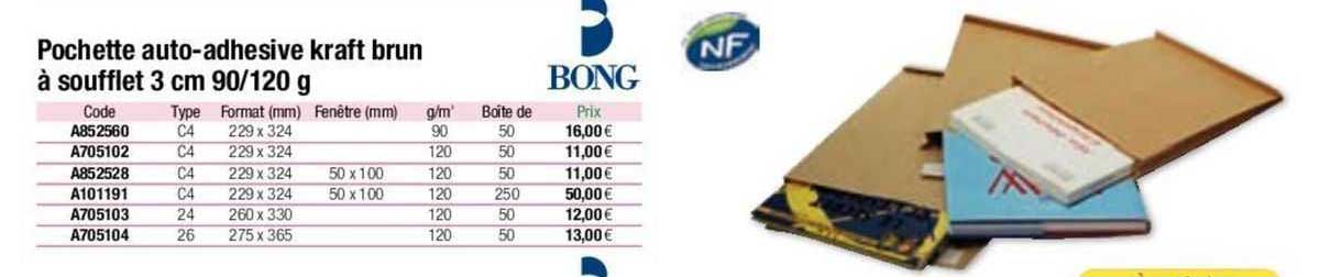 pochette auto-adhésive kraft brun à soufflet 3 cm 90/120 g bong