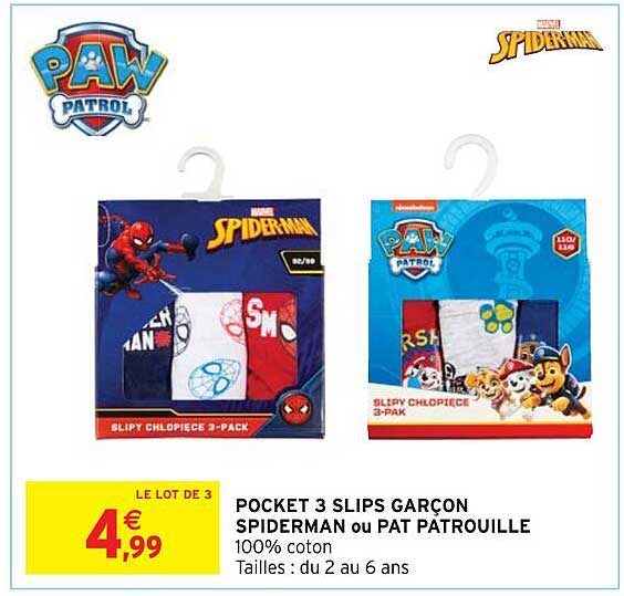 pocket 3 slips garçon spiderman ou pat patrouille