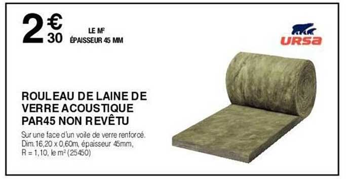 rouleau de laine de verre acoustique par45 non revêtu