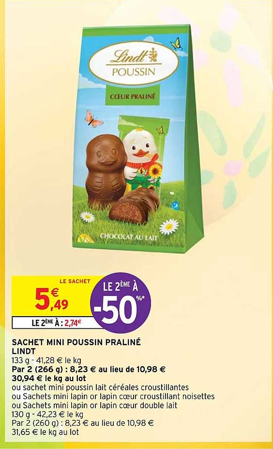 sachet mini poussin praliné lindt le 2ème à -50%