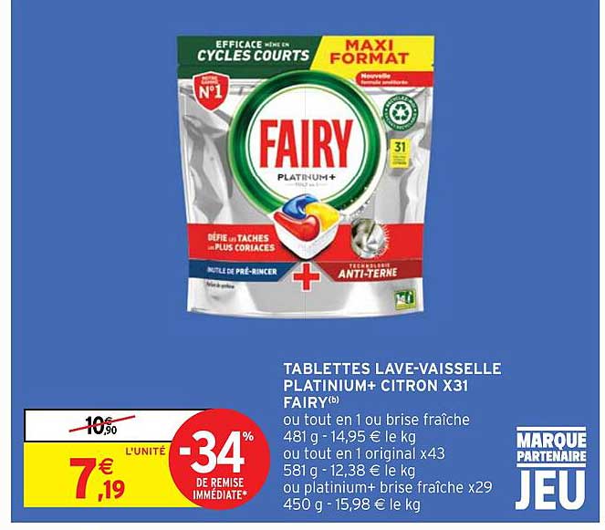 tablettes lave-vaisselle platinium+ citron x 31 fairy