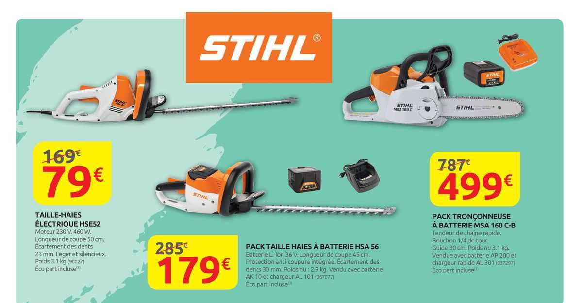 taille-haies électrique hse52, pack taille haies à batterie hsa 56, pack tronçonneuse à batterie msa 160 c-b stihl