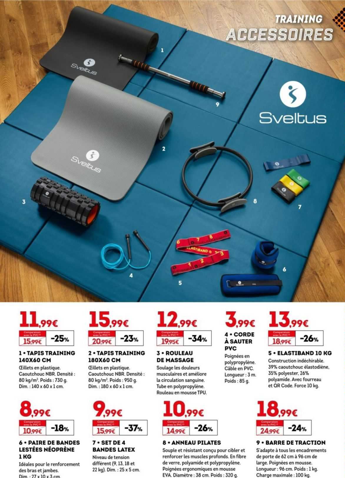 tapis training 140 x 60 cm, tapis training 180 x 60 cm, rouleau de massage, élastiband 10 kg, paire de bandes lestées néoprène 1 kg, set de 4 bandes latex, anneau pilates, barre de traction