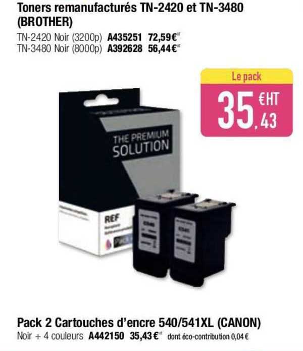 toners remanufacturés tn-2420 et tn-3480 (brother), pack 2 cartouches d'encre 540/541xl (canon)