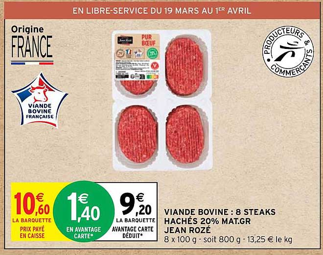 viande bovine : 8 steaks hachés 20% mg jean rozé