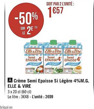 crème semi épaisse si légère 4% m.g. elle & vire