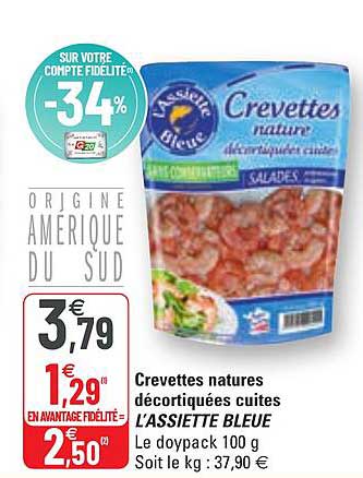crevettes natures décortiquées cuites l'assiette bleue