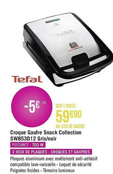 croque gaufre snack collection sw853d12 gris-noir tefal