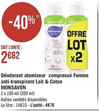 déodorant atomiseur compressé femme anti-transpirant lait & coton monsavon