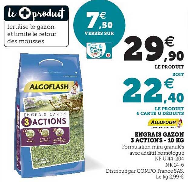 engrais gazon 3 actions - 10 kg algoflash