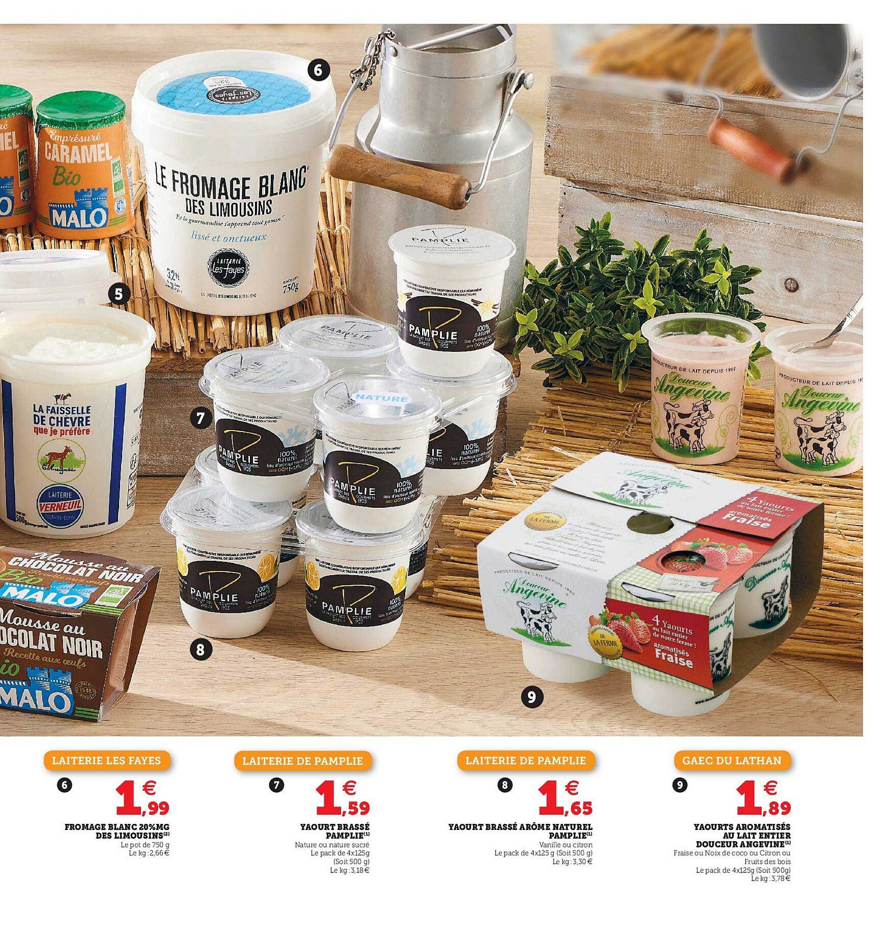 fromage blanc 20% m.g. des limousines, yaourt brassé pamplie, yaourt brassé arôme naturel pamplie, yaourts aromatisés au lait entier douceur angevine